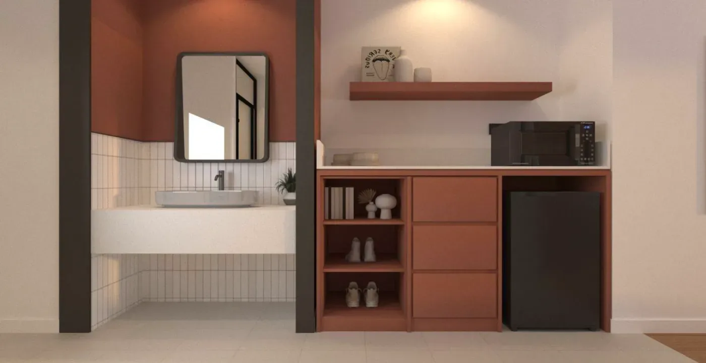 Suite pantry and washroom finishes at The Bedrock