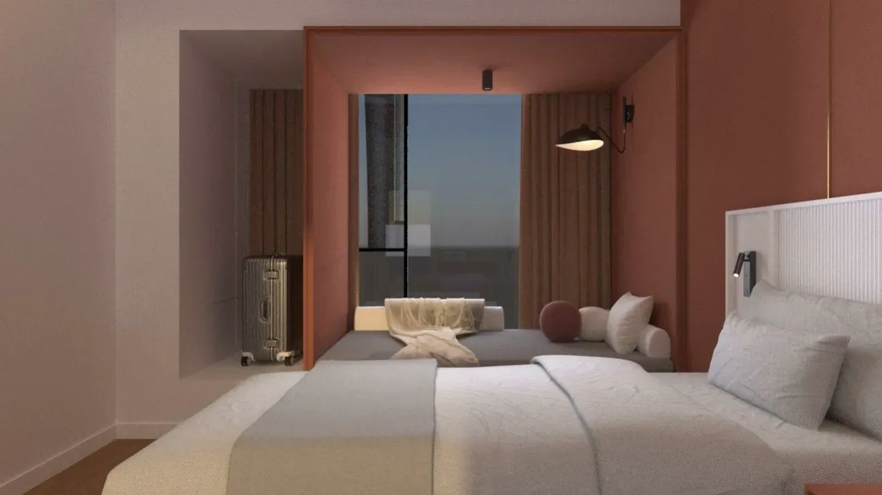 Furnished suite interior at The Bedrock with sea-facing window