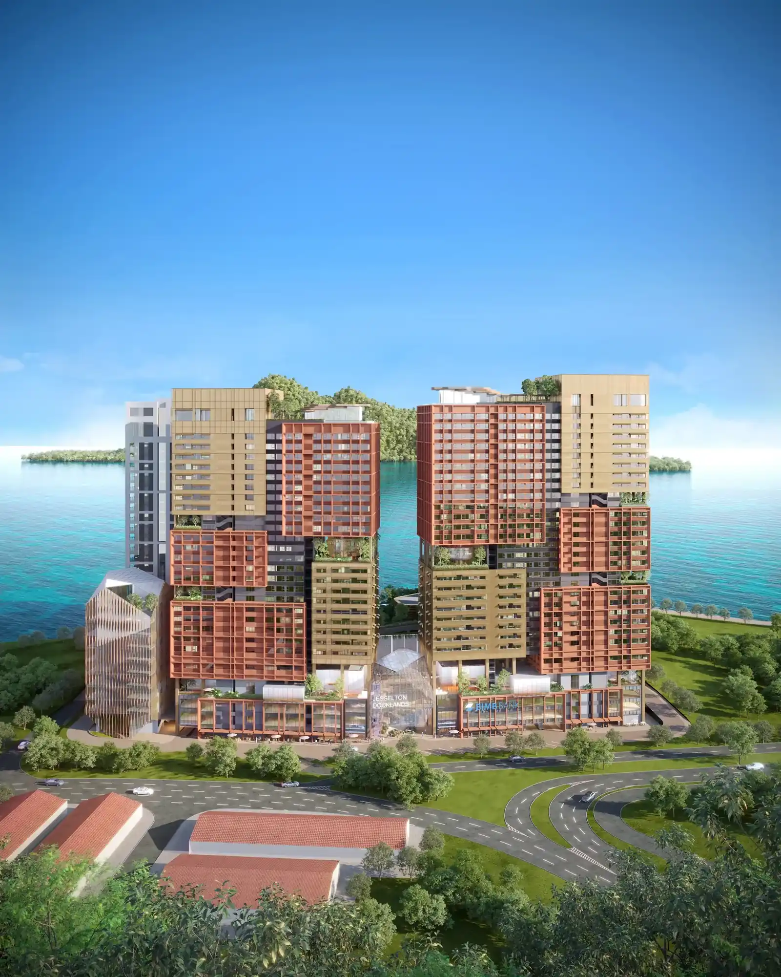 The Bedrock twin towers at Jesselton Docklands, Kota Kinabalu, seen from the sea